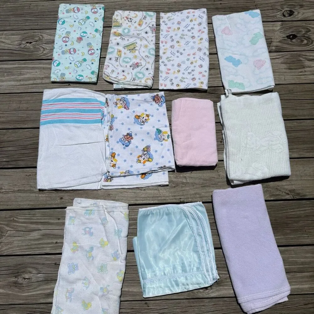 Vintage Baby Blanket Lot 11 Receiving Swaddle Crib Blanket Nursery Mixed Prints